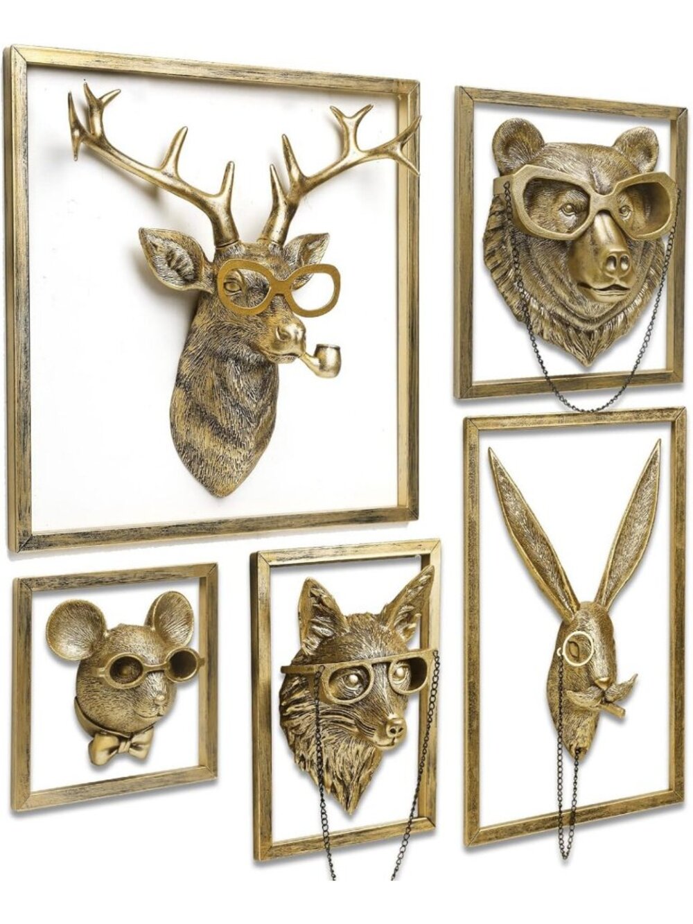 5 Pack Animal Heads Wall Decor - Gold Vintage Resin Sculptures for Home, Office